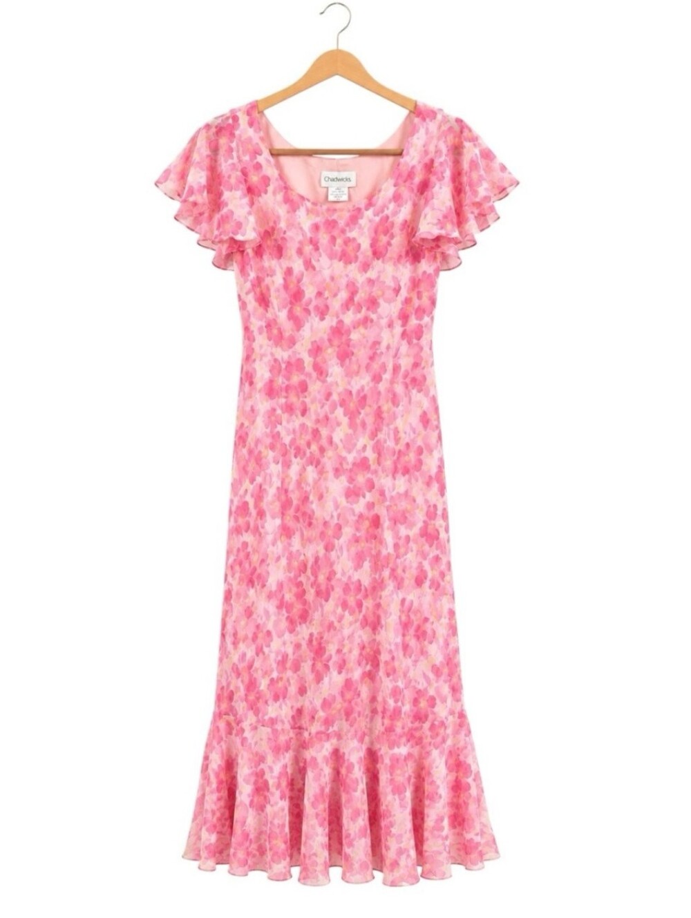 Chadwicks Pink Floral Silk Flutter-Sleeve Dress